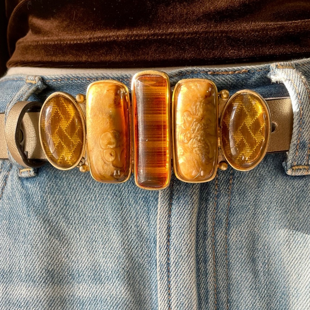 Vintage Chico’s Genuine Split Leather Belt + Gold Tone Stone Embellished Buckle - Picture 4 of 14